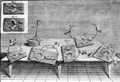 Illustration des expériences de Luigi Galvani, physicien et médecin italien (1737 - 1798) expliquant le passage du courant électrique faisant bouger les pattes d