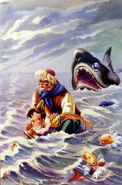 Illustration du conte de Pinocchio par Carlo Collodi : Pinocchio et Gepetto sont poursuivis par un énorme poisson - Unknown artist