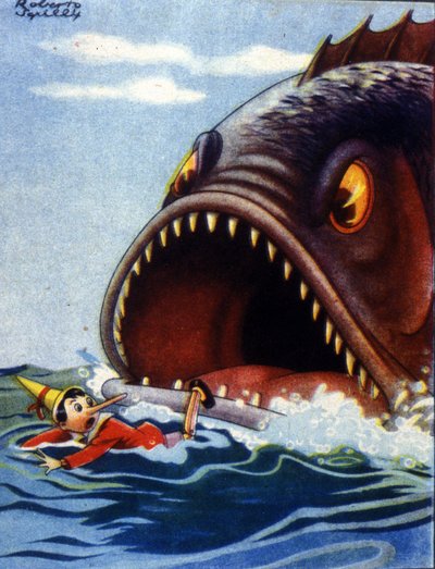 Illustration du conte Pinocchio de Carlo Collodi. Un énorme poisson est sur le point de manger Pinocchio. - Unknown artist