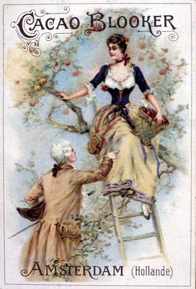 Illustration publicitaire pour le cacao Blooker représentant un jeune homme à la mode du 18ème siècle aidant une jeune femme à descendre d
