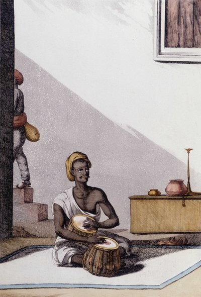 Culture et civilisation indiennes : musicien jouant des tablas, instrument de musique traditionnel, Inde. Gravure de 1808. - Unknown artist