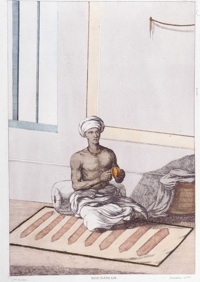 Culture, civilisation et société indiennes : musicien avec percussion traditionnelle indienne. Gravure de 1808. - Unknown artist