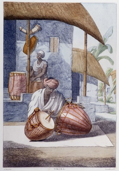Culture, civilisation et société indiennes : musicien avec percussion traditionnelle indienne (Tikora). Gravure de 1808. - Unknown artist