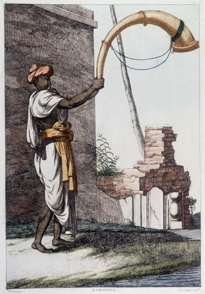 Culture, civilisation et société indiennes : musicien avec instrument à vent traditionnel indien (Sournae). Gravure de 1808. - Unknown artist