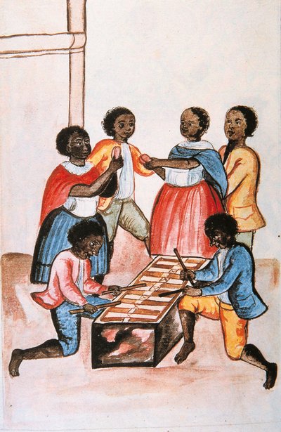 Indiens jouant de la marimba (marimbaphone) et dansant, du livre "Trujillo del Peru" ou "Codex Martínez Compañón", par Baltazar Martinez Compañón y Bujanda, évêque de Trujillo (1782-1785) - Unknown artist
