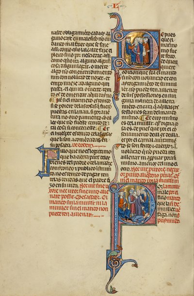 Initiale D : Initiale P : un couple conduit par des soldats devant un roi. - Unknown artist