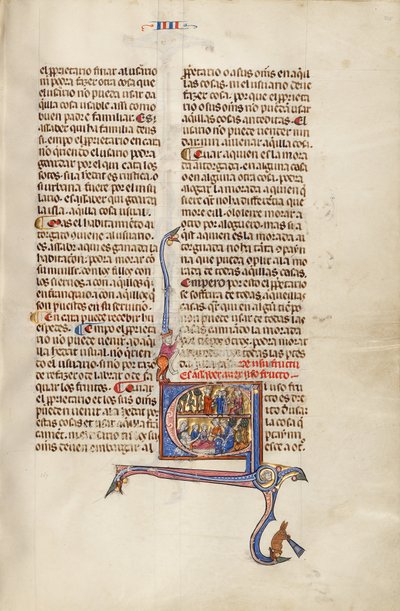 Initial E : Un homme avec des enfants devant un juge et un vieil homme dans son lit de malade qui dicte à un autre homme - Unknown artist