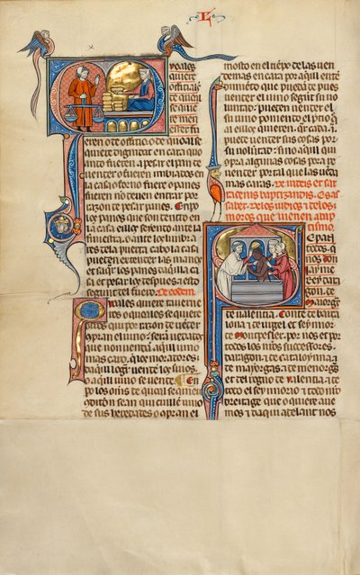 Initiale Q : Une femme avec des pains devant un homme tenant une balance ; Initiale S : Le baptême d