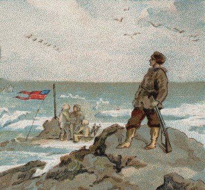 Isaac Israel Hayes (1832-1881) portant le drapeau américain sur les rives de la mer polaire. Chromo de la fin du XIXe siècle. - Unknown artist