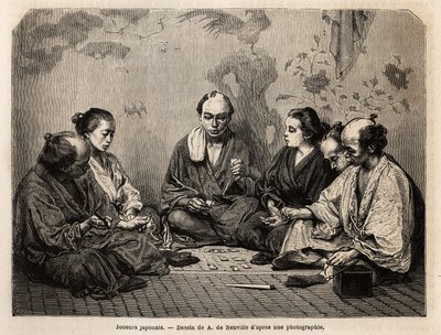 Joueurs japonais au milieu des cartes. Gravure pour illustrer le Japon, récit de voyage par Aimé Humbert, ministre de la Confédération suisse, en 1863-1864, publié dans « Le tour du monde, nouveau journal des voyages », sous la direction d