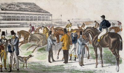 Jockeys et leurs chevaux avant la course - gravure, vers 1850 - Unknown artist