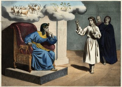 Joseph expliquant le sens du rêve du Pharaon (à savoir : les sept vaches grasses et les sept vaches maigres, et les sept épis de blé gonflés et les sept épis brûlés par le vent). Gravure anonyme du milieu du 19ème siècle. - Unknown artist