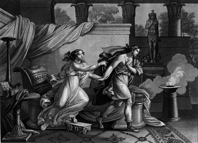 Joseph fuyant la femme de Putiphar cherchant à le séduire. Lithographie du 19e siècle - Unknown artist