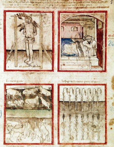 Joseph interprète les rêves du boulanger qui finit décapité. En haut à droite, le pharaon rêve des sept vaches grasses, prémonition des années d