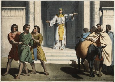 Joseph gardant Siméon en otage : Joseph le Patriarche demande à ses frères de lui présenter le jeune Benjamin et garde Siméon en otage en attendant leur retour. Gravure anonyme du milieu du 19ème siècle. - Unknown artist