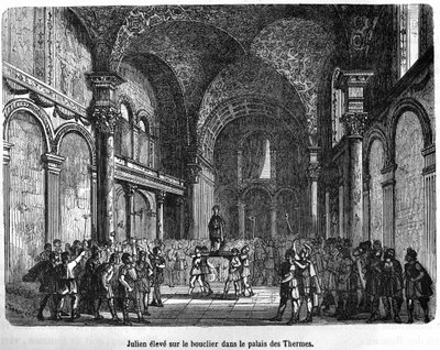 Julien (Flavius Claudius Julianus 331 - 363) élevé sur le bouclier dans le Palais Thermal - dans Histoire de France par Henri Martin, sd. 19ème siècle - Unknown artist