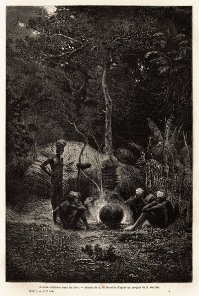 Kanaks cuisinant dans les bois, sur le territoire de Pamale. Gravure pour illustrer le voyage à la Nouvelle-Calédonie, par Jules Garnier, ingénieur civil des mines, en 1863-1866, publié dans "Le tour du monde, nouveau journal des voyages", édité par Edouar - Unknown artist