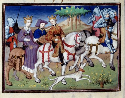 Le roi Philippe VI de Valois et la reine blanche de Navarre (?) partant à la chasse Miniature tirée du "Livre de la chasse" de Gaston III Phoebus, comte de Foix, seigneur de Béarn (1331-1391) - Unknown artist