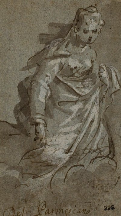 Figure féminine agenouillée sur un nuage (recto) ; Esquisses de figures (verso) - Unknown artist