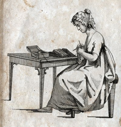 Machine à tricoter : femme occupée à tricoter de la laine. Gravure fin XVIIIe siècle. Collection privée. - Unknown artist
