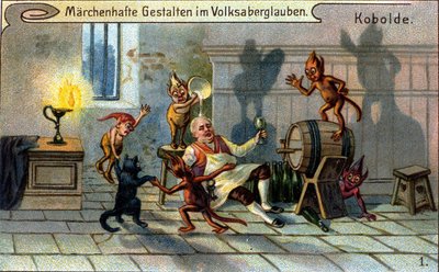 Koboldes, petits elfes ou farfadets de la tradition populaire allemande. Chromolithographie du XIXe siècle. - Unknown artist