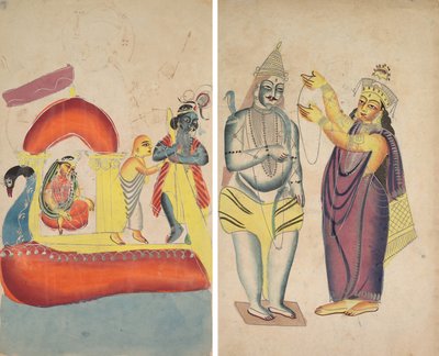 Krishna transportant Radha à travers la rivière Yamuna (recto); Parvati plaçant une guirlande de mariage sur Shiva (verso) - Unknown artist