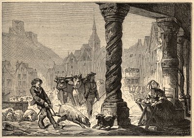 La grande rue un jour de marché à Dol de Bretagne - gravure dans « PATRIE - DESCRIPTION PICTURESQUE DE LA FRANCE EN 6 VOLUMES » par Lucien Huard - fin du 19ème siècle - Unknown artist
