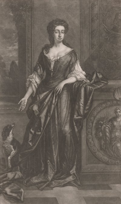 Dame (avec chien, appuyée contre un piédestal avec bas-relief de corne d