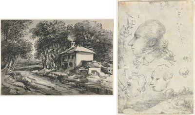 Paysage avec cottage (recto); Études de têtes (verso) - Unknown artist