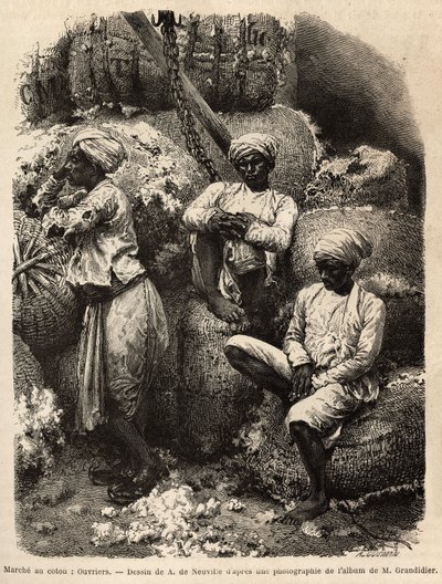 Les ouvriers Parsi au repos, au marché au coton de Bombay. Gravure pour illustrer le voyage dans les provinces méridionales de l