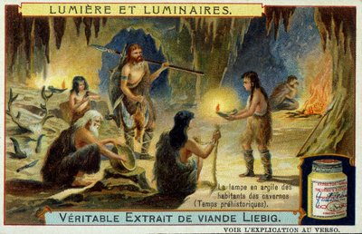 Lumière et luminaires : la lampe en argile des habitants des cavernes pendant la préhistoire. Illustration sur les emballages Liebig - Unknown artist