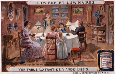 Lumières et luminaires, intérieur bourgeois illuminé par des lampes astrales - chromo. Liebig v. 1895 - Unknown artist