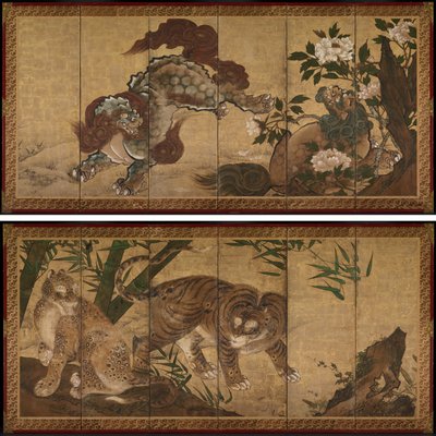 Lions et tigres dans les pivoines et le bambou - Unknown artist