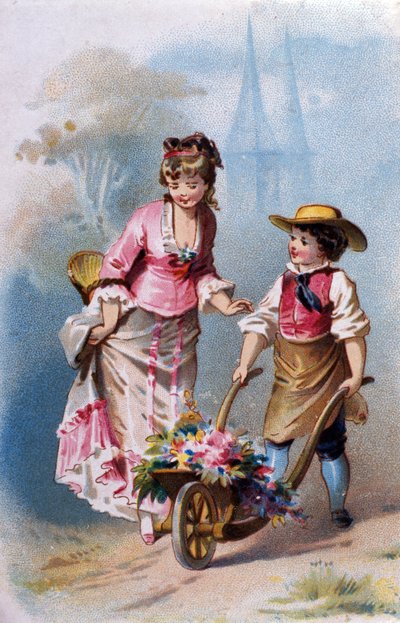 Petit jardinier : un jeune garçon avec une brouette pleine de fleurs parle avec une jeune femme sur le chemin d