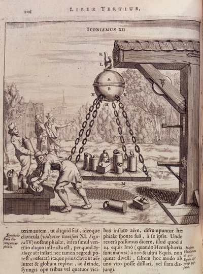 Chargement des hémisphères de Magdebourg suspendus - dans « Ottonis de Guericke: Experimenta Nova Magdeburgica de vacuo spatio » par Otto von Guericke - Unknown artist