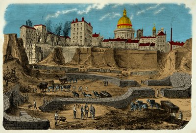 Emplacement du cirque gallo-romain datant du IIe siècle av. J.-C., découvert en 1870 lors du percement de la rue Monge à Paris, gravure XIXe siècle - Unknown artist