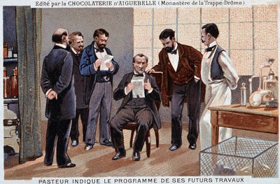 Louis Pasteur, un scientifique français (1822-1895), indiquant le programme de son futur travail, entouré de collaborateurs - étiquette publicitaire de chocolat d