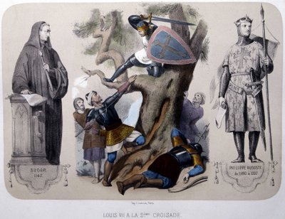 Louis VII combat les Sarrasins pendant la 2e croisade - lithographie, fin du 19e siècle - Unknown artist