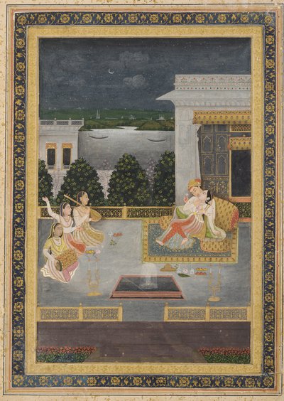 Amoureux sur une terrasse avec trois musiciens - Unknown artist