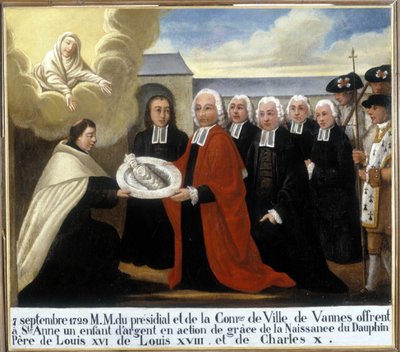 MM du Présidial et de la Commune de Vannes offrent à Sainte Anne un enfant en argent en remerciement de la naissance du dauphin Louis de France, 7 septembre 1729 - Ex-Voto Sainte Anne d