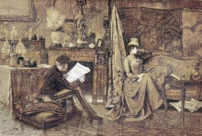 Madame boude, couple, il lit le journal et elle est assise sur le canapé et est offensée - Unknown artist
