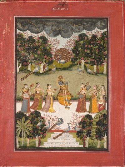Malar Ragini : Krishna jouant de la flûte à sept gopis tenant des instruments de musique, de la série Ragamala - Unknown artist