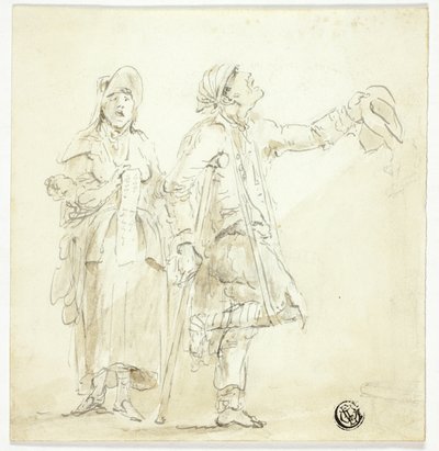 Homme en béquilles mendiant, avec une femme chantant et tenant un bébé - Unknown artist