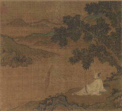 Homme sur une colline sous un arbre surplombant une rivière - Unknown artist