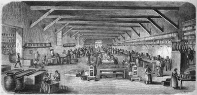 Fabrication de moutarde et de conserves chez Louit frères à Bordeaux. Salle des bouteilles et des emballages. Gravure de 1865 - Unknown artist