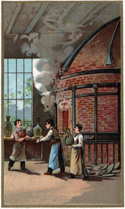 Fabrication de porcelaine : cuisson. Chromolithographie de la fin du XIXe siècle - Unknown artist