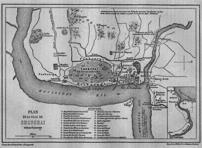 Carte de la ville de Shanghai en 1860, vue de la vieille ville chinoise et des concessions étrangères en 1860. Carte dans "Le Tour du Monde, Nouveau journal des Voyages", édité par Edouard Charton, Paris - Unknown artist