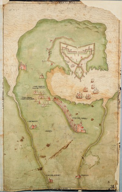 Carte de Smerwick, Irlande, montrant le terrassement anglais avec deux canons pour attaquer le fort espagnol et les soldats anglais sortant de Castell More - Unknown artist