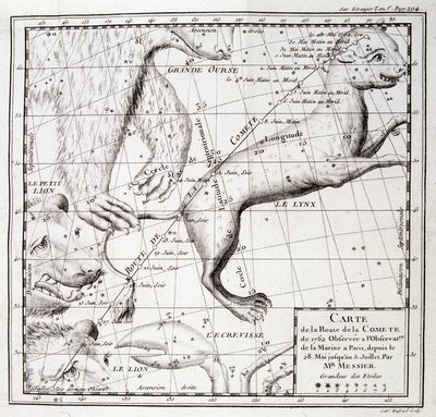 Carte de la route de la comète de 1762 et carte du ciel, observée par Messier - gravure - Unknown artist
