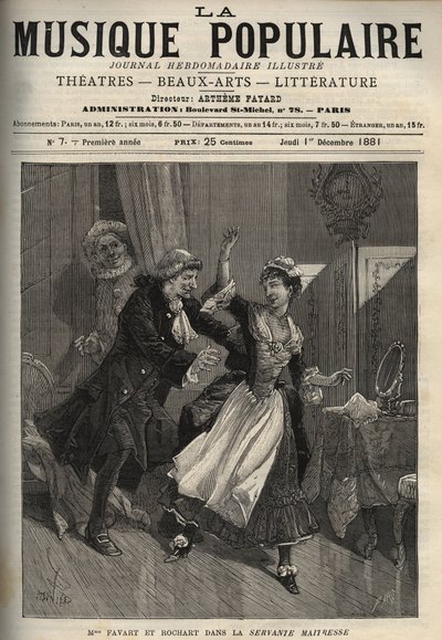 Marie Justine Benoîte Duronceray, dite Madame Favart, et Rochart (Rochard) dans « La Servante maîtresse » (La serva padrona) de Pergolèse (Giovanni Battista Pergolesi) - gravure dans « La musique populaire » journal hebdomadaire illustré - 1882 - Unknown artist
